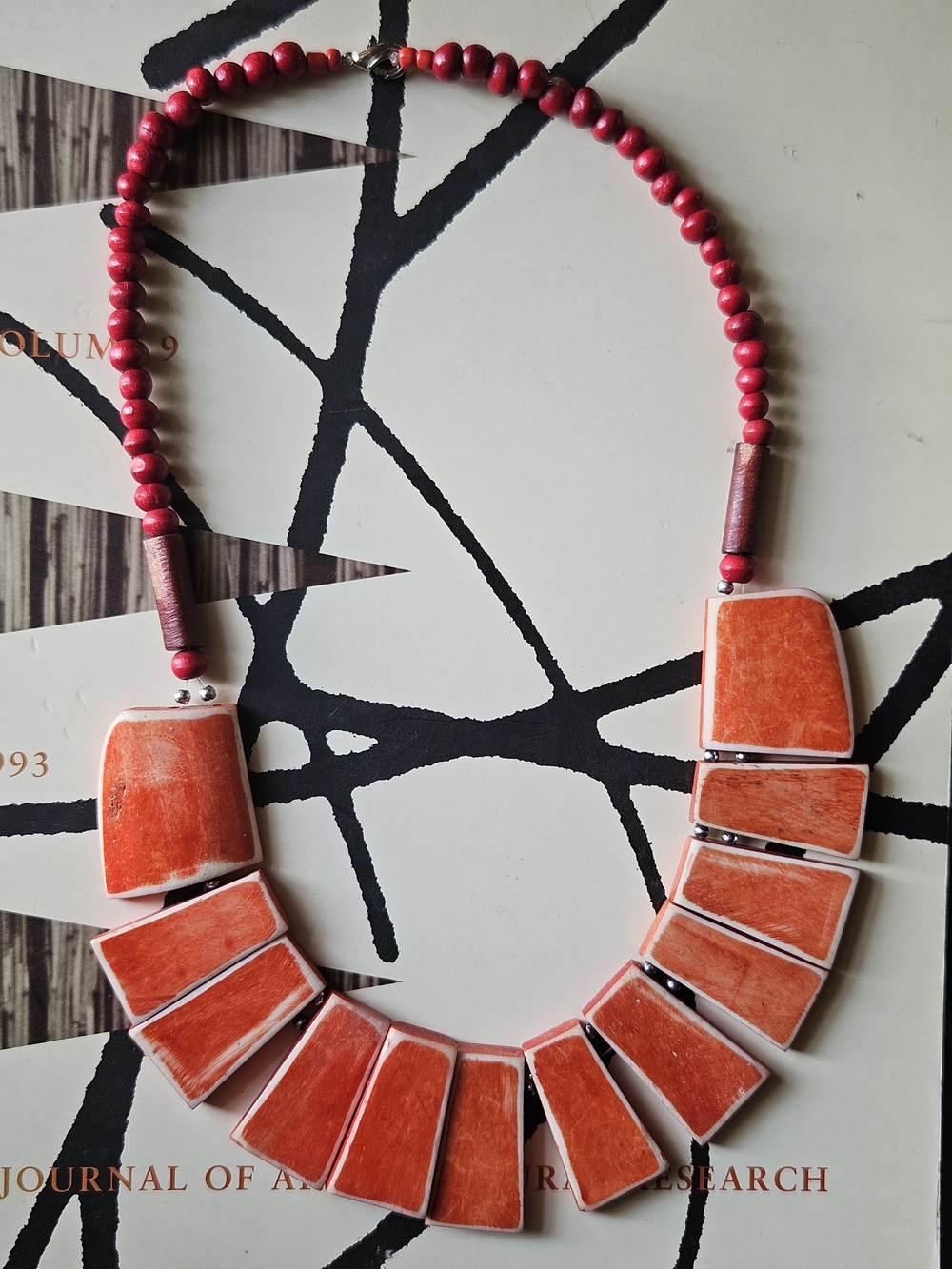 Vintage Handmade Red Carved BONE BeadNecklace Chunky Tribal Statement OOAK Art